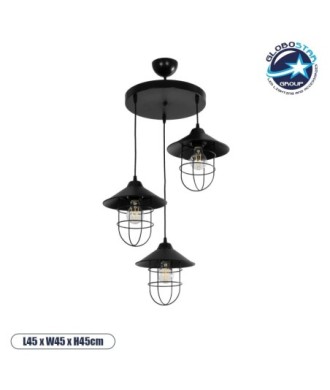 GLOBOSTAR® CAGE 203-0097 Vintage Κρεμαστό Φωτιστικό Οροφής με Ντουί 3 x E27 AC 220-240V IP20 - Μαύρο - Μ45 x Π45 x Υ45cm